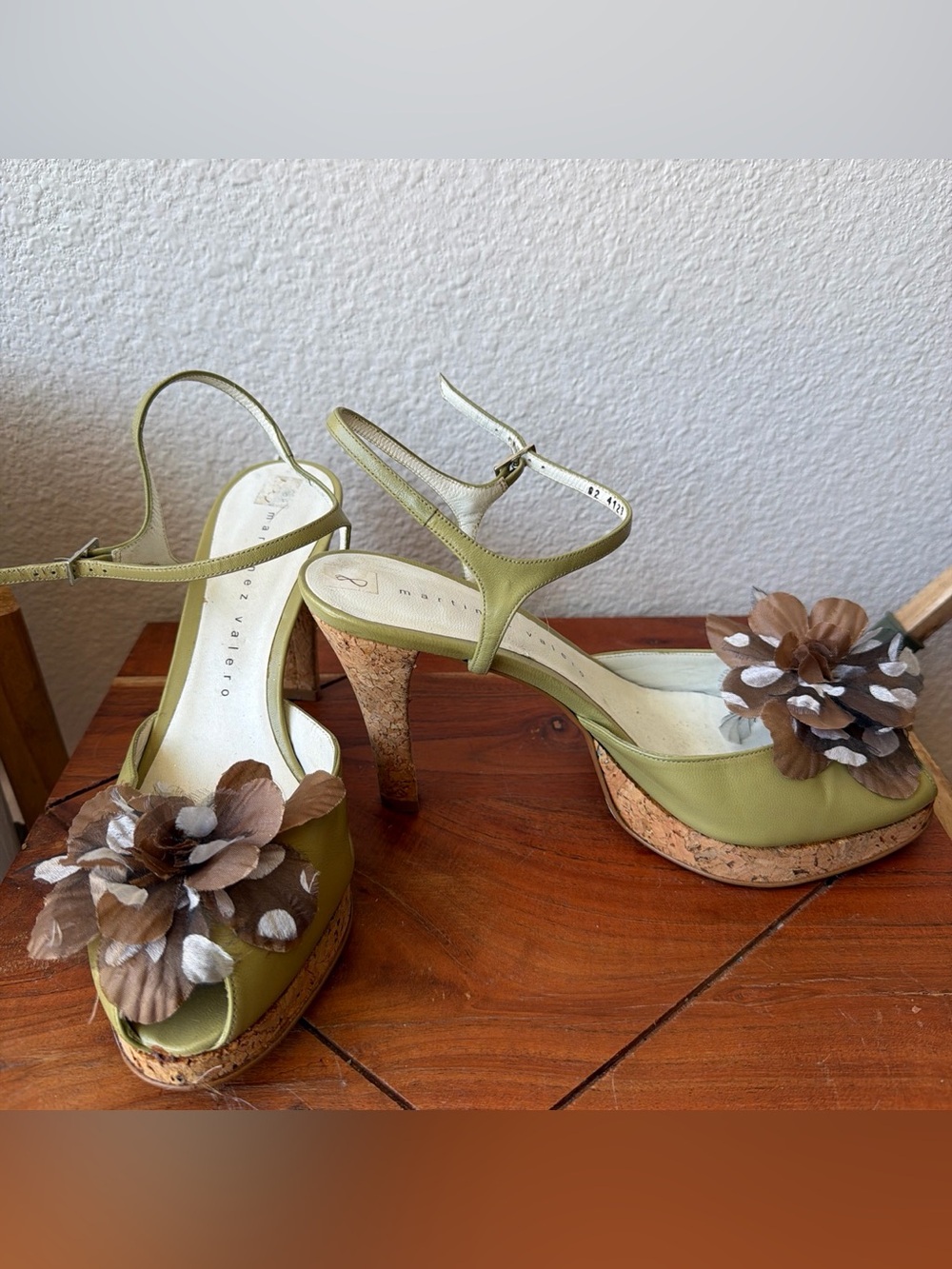 Martinez Valero olive green cork platform heels with floral embellishments